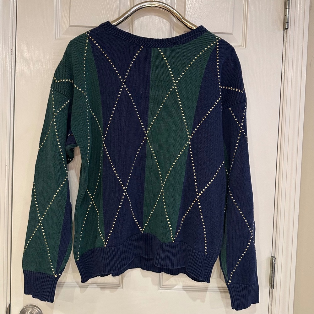 Nautica Vintage Argyle Cotton Sweater Mens Large Navy Green Diamond Crewneck